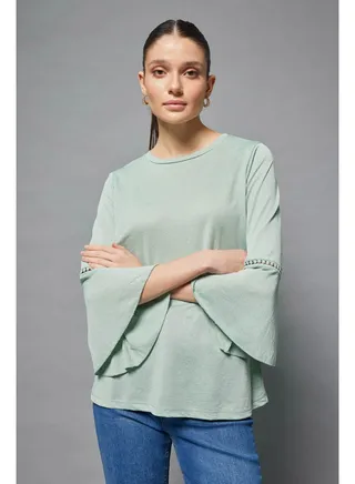 Woman Regular Fit Crew Neck 3/4 Sleeve Knitted Long Sleeve T-Shirt 
