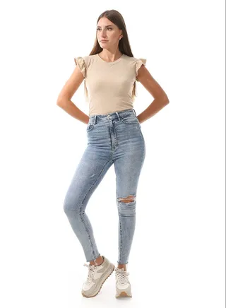 Ribbed Ruffled Buff Beige Tees 
