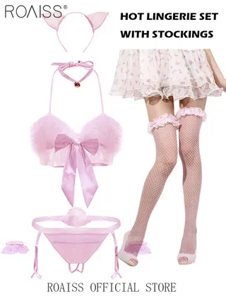 7 Pack Trim Cut Out Bodysuit Babydoll Lingerie Set for Women Floral Lace Strappy Bra and stockings and Panty Set with Garter Belt 