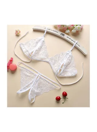 Ladies Fashion Lingerie Bra Thong Open Crotch Gift White 