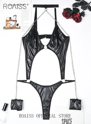 Women's Underwear Women's Patent Leather Hollow Underwear Chain Decorated with Lace Elements 