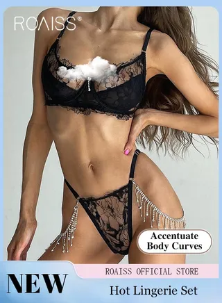 Lace Hollow Splicing Underwear Suit for Women with Metal Diamond Chain Decoration Ladies Deep V Neck Mesh Lingerie Set 