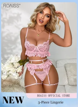 3-Piece Women's Lace Underwear Pink Pad With Steel Rim Bra  High -Waisted Thong And Sweet Fold Garters 