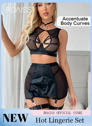 2 Piece Unique Lingerie Set for Women with Neck and Leg Rings Ladies Split Naughty Hollow out Gauze Hip-Covering Skirt Underwear Deep V Teddy Bralette and Panty Nightwear Suits for Girls Couples 