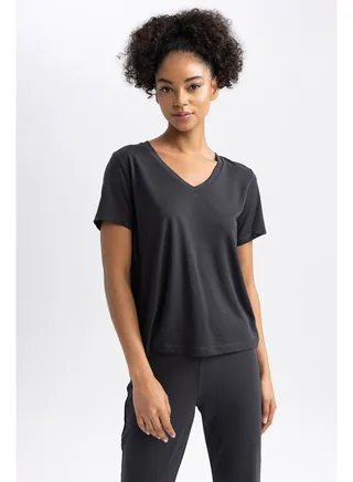 Woman Standart Fit V Neck Knitted Short Sleeve T-Shirt 