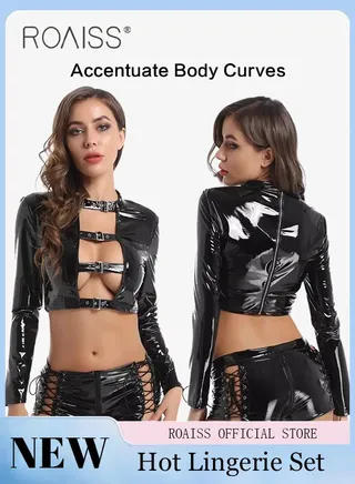 Patent Leather Hollow out Lingerie Set for Women 2 Pieces Tops Front with Buckles and Strappy Shorts Set Cool Slim Fit Skin Friendly Sleepwear Underwear Suit to Show Your Wonderful Body Curves 