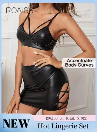 2 Piece Patent Leather Lingerie Set for Women Comfy and Breathable Hollow out Push up Bra and Short Hip Covering Skirt Underwear Suit Ladies Cool Slim Fit Strappy Nightwear 