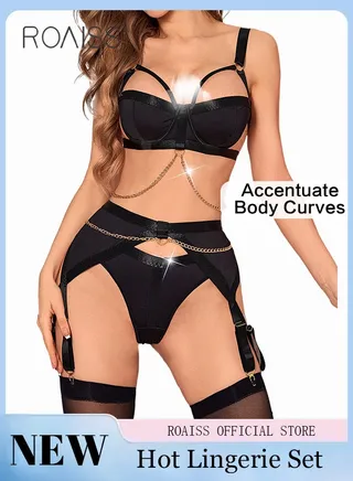 Intertwined Stitching Lingerie Sets for Women Slim Fit Underwire Bra and Panty Underwear Suit with Mesh Garter Ladies Black Hollow out Babydoll Bodysuit Set with Chain for Adults 