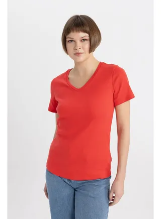 Woman Slim Fit V Neck Knitted Short Sleeve T-Shirt 