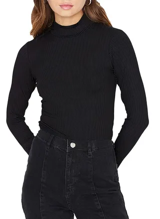 Ribbed Knit Mock Neck Top – Long Sleeve - T-shirt- Women 