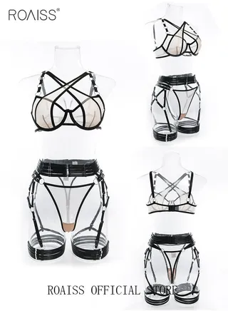 Women Strappy Lingerie with Handcuffs Halter Neck Bandage Body Harness Costume Lingerie Set for Women Bodysuit for Ladies Wife Girlfriend 