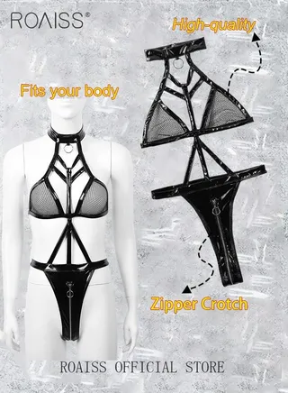 Lingerie for Women Leather Mesh Hollow Halter Neck One Piece Nighty Nightwear Underwear Attractive Bra Zipper Crotch Bodysuit for Ladies Wife Girlfriend 
