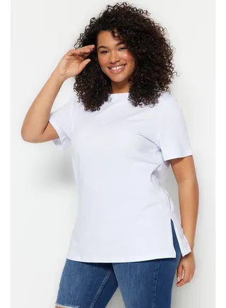 White Boyfriend Crew Neck Slit Knitted T-Shirt TBBSS22BF0031 