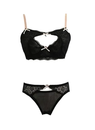Sheer Lace Cut Out Bow Bikini Set Black 