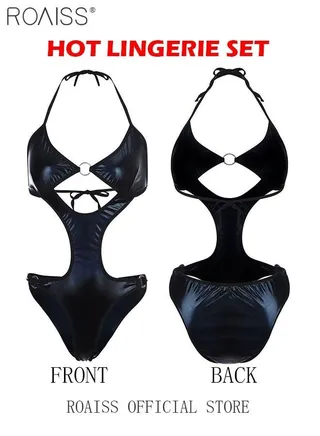 Women's Corset Halter Neck Hollow Backless Patent Leather One-Piece Underwear Attractive Bra Ring Linked Bodysuit for Ladies Wife Girlfriend 