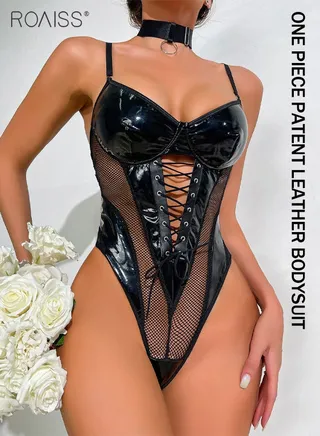 One Piece Patent Leather Mesh Patchwork Underwear With Adjustable Shoulder Straps Mesh Backless Adjustable Buttoned Nightclub Hot Jumpsuit 
