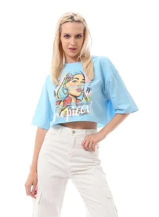 Colorful Printed "Tropical" Light Blue Tee 