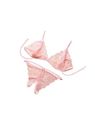 Ladies Fashion Lingerie Bra Thong Open Crotch Gift Pink 