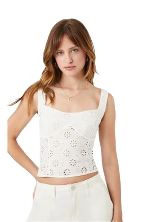 Floral Eyelet Lace-Up Tank Top 