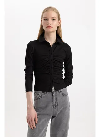 Woman Regular Fit Polo Neck Smart Casual Knitted Long Sleeve T-Shirt 
