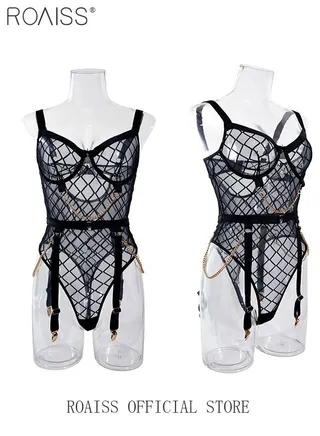 One-Piece Metal Chain Translucent Mesh One-Piece Underwear Stretch Translucent Hot Underwear 