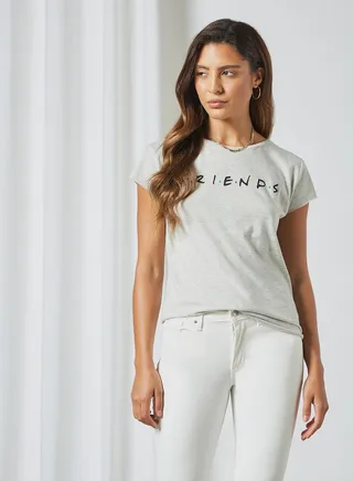 FRIENDS Printed Raw Hem T-Shirt Grey 