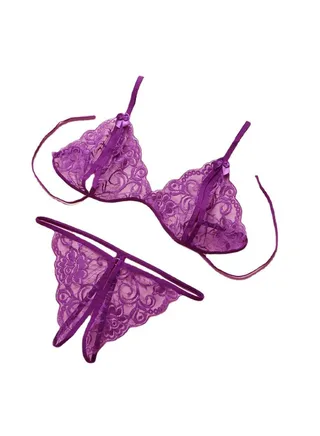 Ladies Fashion Lingerie Bra Thong Open Crotch Gift Purple 