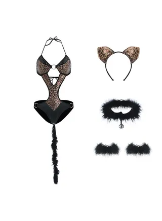 5 Piece Leopard Print Jumpsuit Pajama Set 