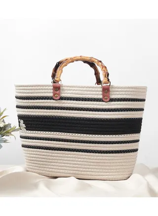 New Minimalist High-Capacity Striped Grass Woven Bag 
