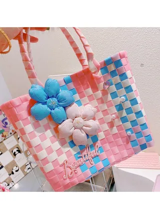 New Macaron Cherry Blossom Summer Woven Vegetable Basket Bag 