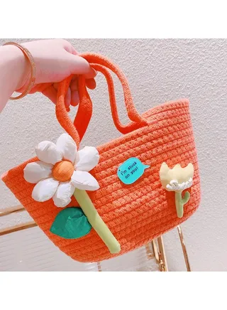 New Fashion Cotton Filled Big Flower Outwear Handheld Colorful Woven Vegetable Basket Bag 