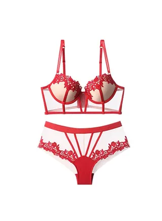 New Vine Jacquard Half Cup Lace Bra Small Chest Gathering Anti Drop Bra Set 