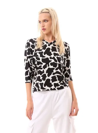 Bi-Tone Cow Black & White Elbow-Sleeves Blouse 