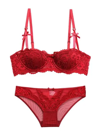 New Vine Jacquard Half Cup Lace Bra Small Chest Gathering Anti Drop Bra Set 