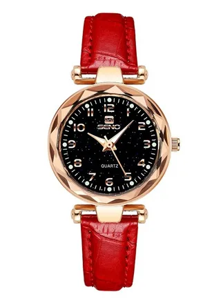 Women's Leather Wrist Strap Waterproof Watch - Starry Sky -  Red 
