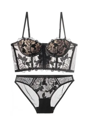 New Vine Jacquard Half Cup Lace Bra Small Chest Gathering Anti Drop Bra Set 