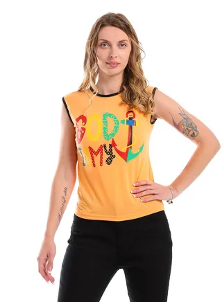 Printed Sleeveless Cotton Tank Top - Orange 