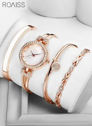 Rose Gold Watch and Classical Elegant Bracelet for Women Glitter Crystal Stainless Steel Girls Wrist Watch and 3 Bracelets Set White 