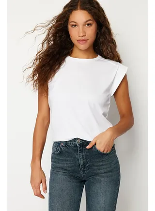 White Ribbed Detailed Moon Sleeve Basic Knitted T-Shirt TWOSS24TS00008 
