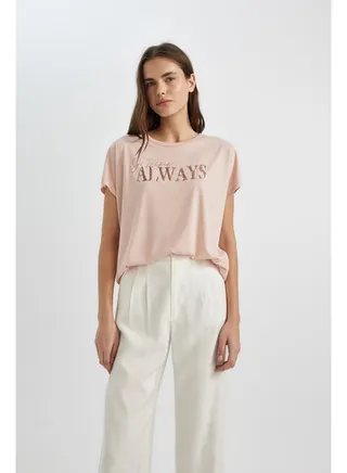 Woman Batwing Crew Neck Knitted Short Sleeve T-Shirt 