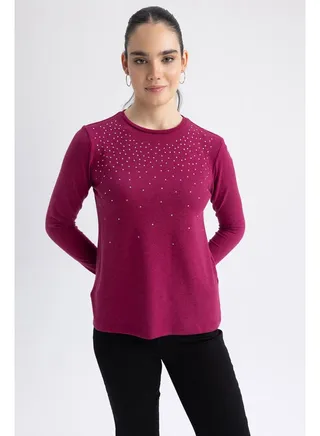 Woman Regular Fit Crew Neck Knitted Long Sleeve T-Shirt 