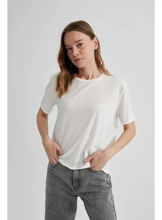 Woman Relax Fit Crew Neck Knitted Short Sleeve T-Shirt 