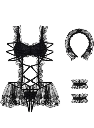 Classic Servant Maid Role Play Costumes Perspective Lace Outfit Lingerie Sets 