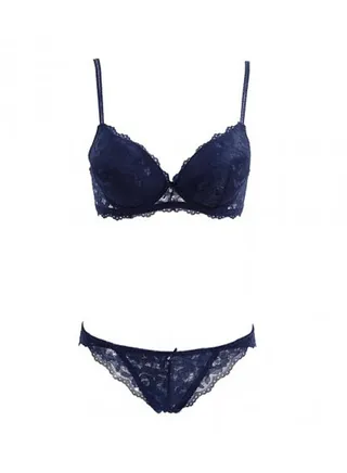 2-Piece Lace Embroidery Lingerie Set Blue 