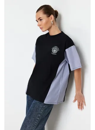Black Oversize/Wide Fit Poplin Detailed Printed Knitted T-Shirt TWOSS24TS00005 