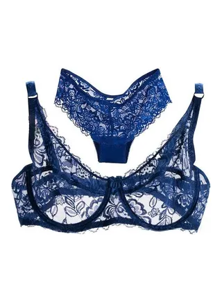 Lace Gauze Push Up Breathable Ultra-Thin Bra And Brief Set Dark Blue 