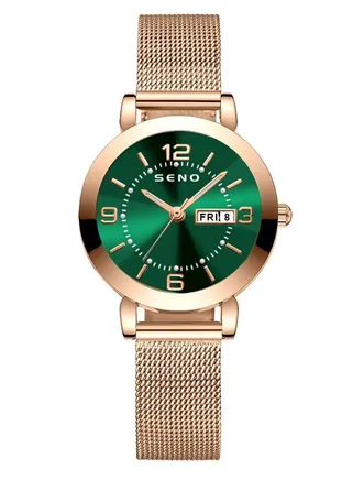 Women's Fashion Waterproof Watch - Green and Rose Gold 