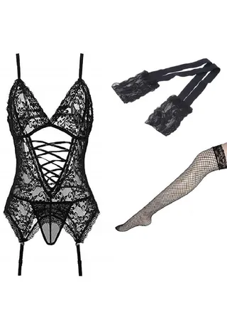 Floral Lace Night Playing Suit Connect Garters And Fish-net Stockings Lingerie Set 