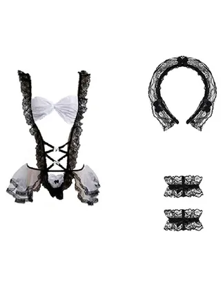 Classic Servant Maid Role Play Costumes Perspective Lace Outfit Lingerie Sets 