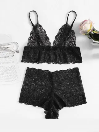 2-Piece Triangle Cup Lace Secret Bra Lingerie Set Black 